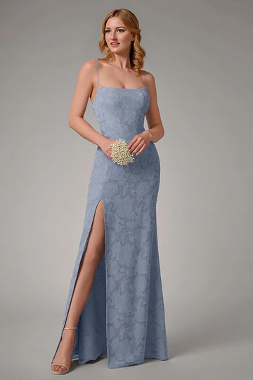 Dusty Blue Sheath Spaghetti Straps Bridesmaid Dress with Slit